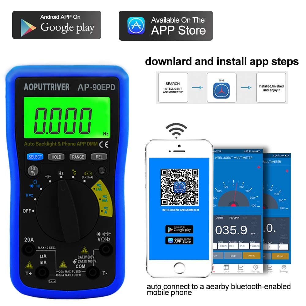 Digital Multimeter AP-90EPD 4000 Count APP Multimeter Auto-ranging multimeter Measure AC/DC Voltage&Current/Resistance/Capacitance/Temperature/Frequency/Duty Cycle/Diode(Battery Included)
