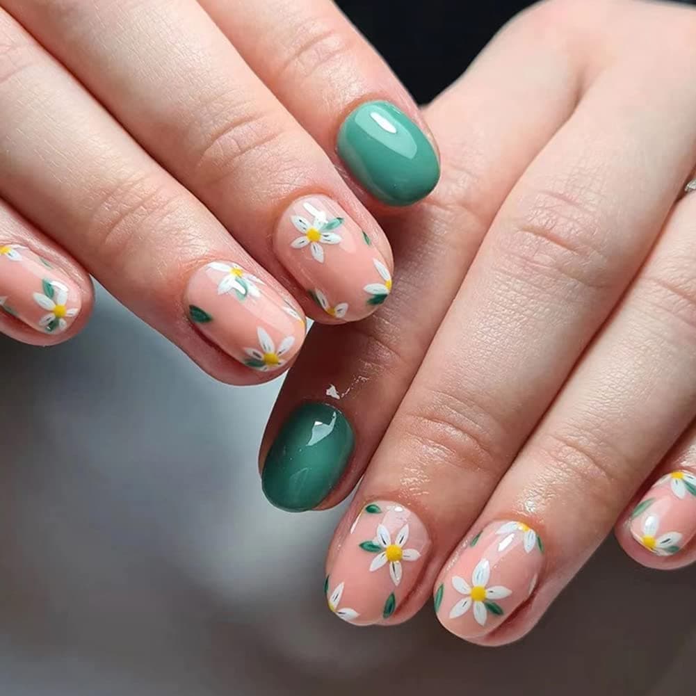 Morily Press on Nails Short 24Pcs Green Pink Fake Nails with White Daisy Design Acrylic Glossy Oval Stick on Nails Full Cover False Finger Nail Set Artificial Manicure Tips for Women (Green Pink Flower)