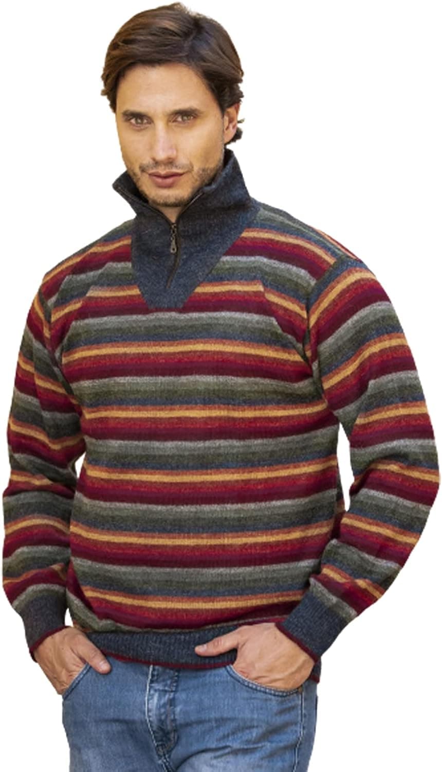 NOVICA Men's Red and Gray Striped 100% Alpaca Pullover Sweater, Blue Heights'