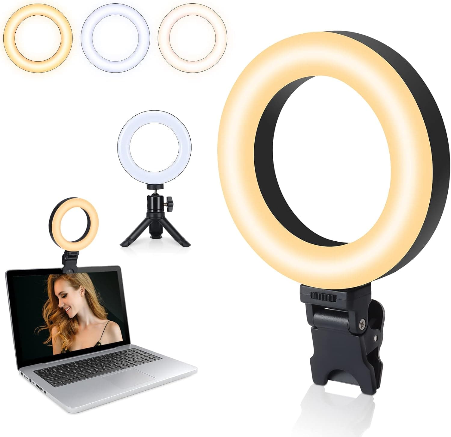 Video Conference Lighting Kit，Ring Light for Computer with Clip and Tripod，4.5”Mini Ring Light with 3 Dimmable Color and 10 Brightness Level for Webcam Lighting/Remote Working/Live Streaming