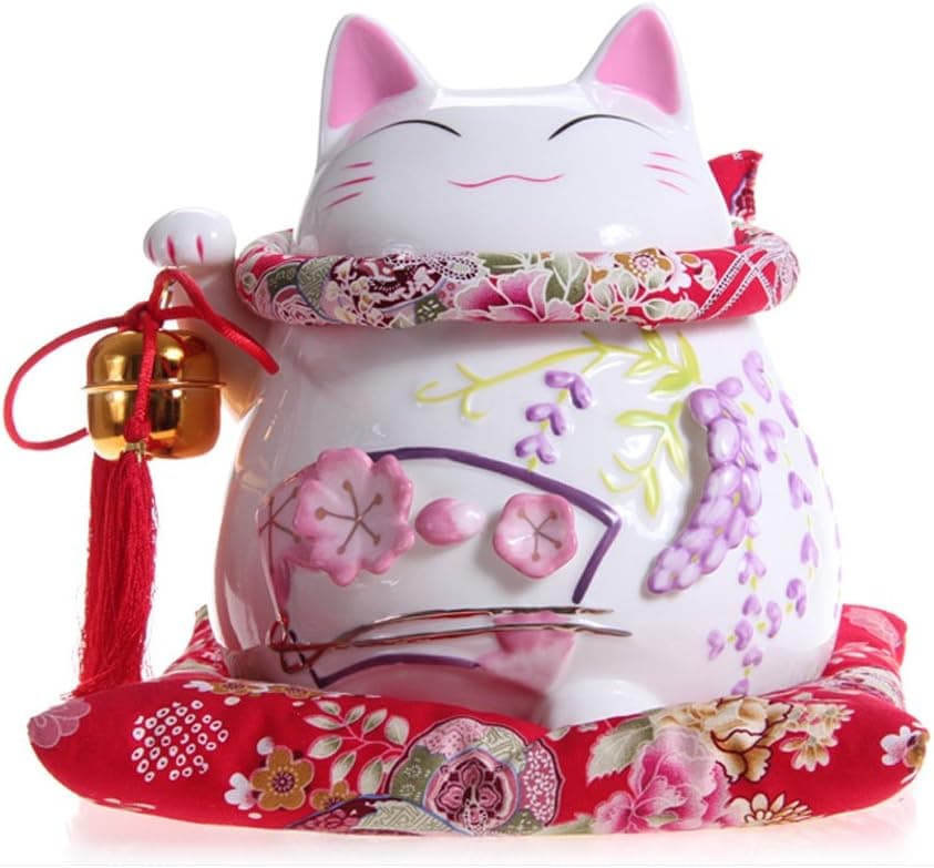 8" Large White Ceramic Maneki Neko Lucky Cat Coin Bank Style Wisteria