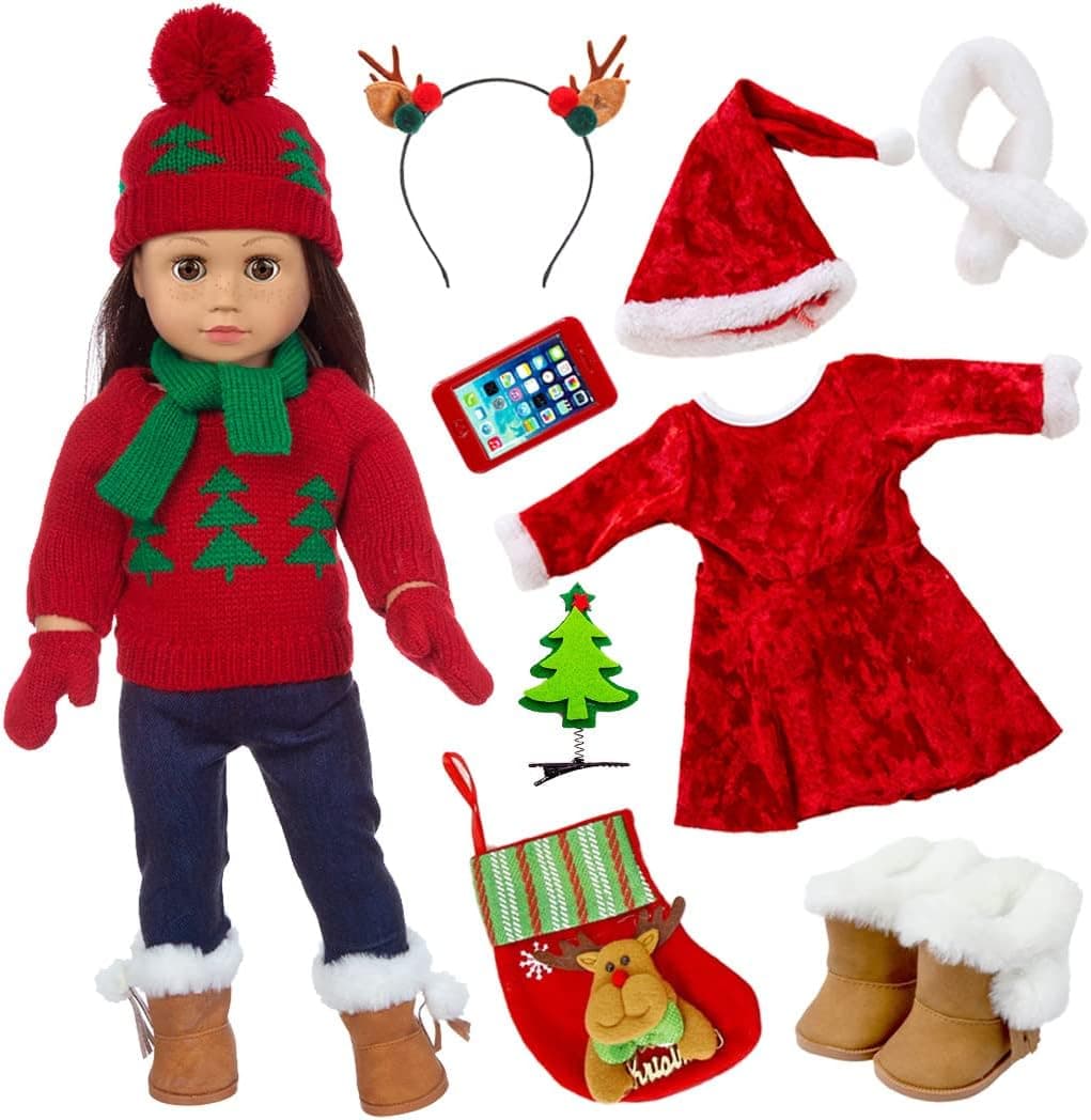 ebuddy Doll Clothes and Accessories Christmas Santa Costume Set Including Xmas Tree Sweater Set for 17 inch Baby Dolls,Most 18 Inch Dolls(Total 13 PCS)