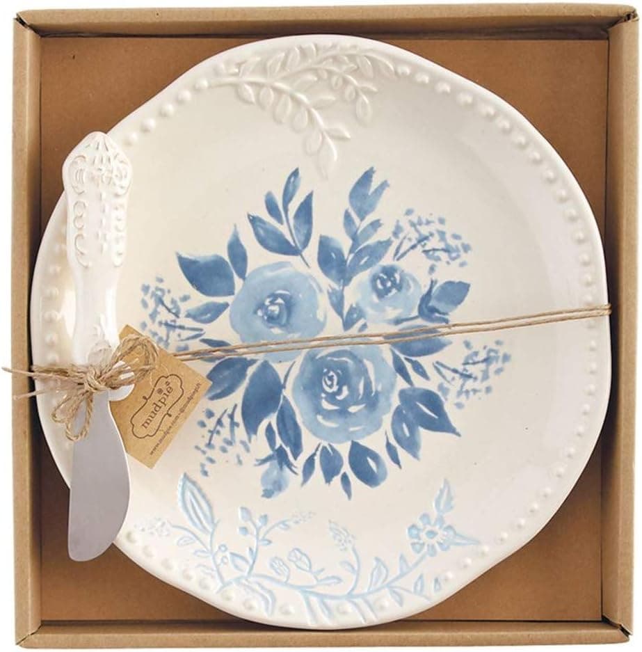 Mud Pie Blue Floral Cheese Plate Set of 2