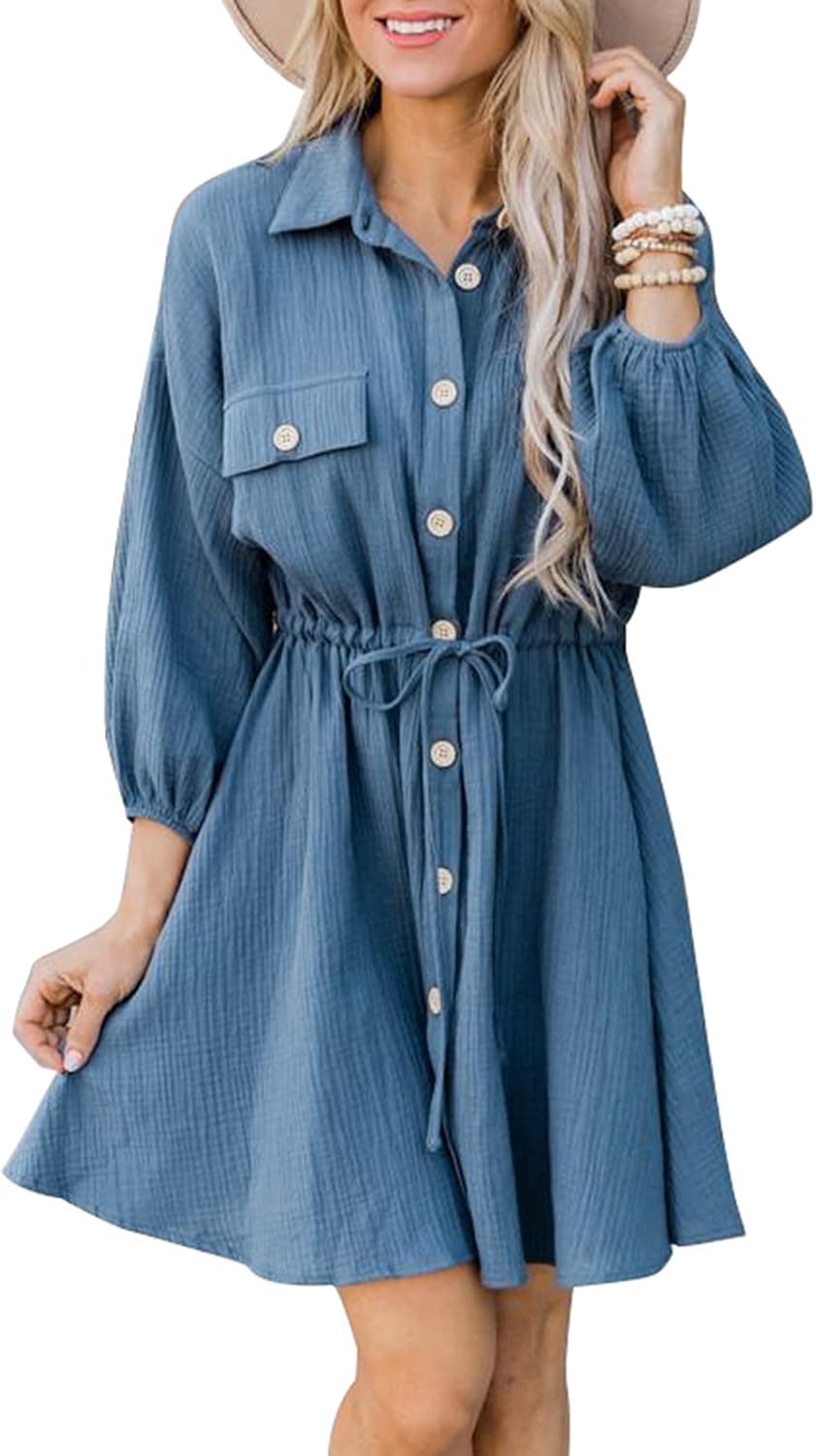 SHIBEVER Women's Floral V Neck Dress Casual Tunic Long Sleeve Ruffle Swing Party Mini Dresses
