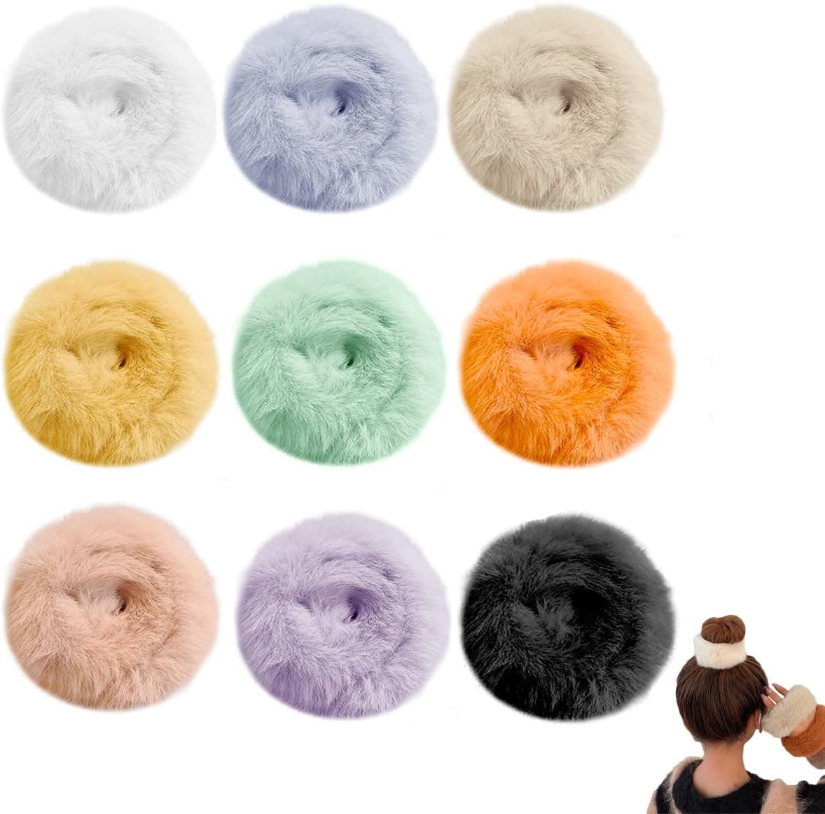 9 Pcs Furry Faux Plush pop Circles Hair Scrunchies ,Elastic Headband Ropes, Wristbands, Ponytail Holders Girls Women Hair Accessories Slap Bracelets