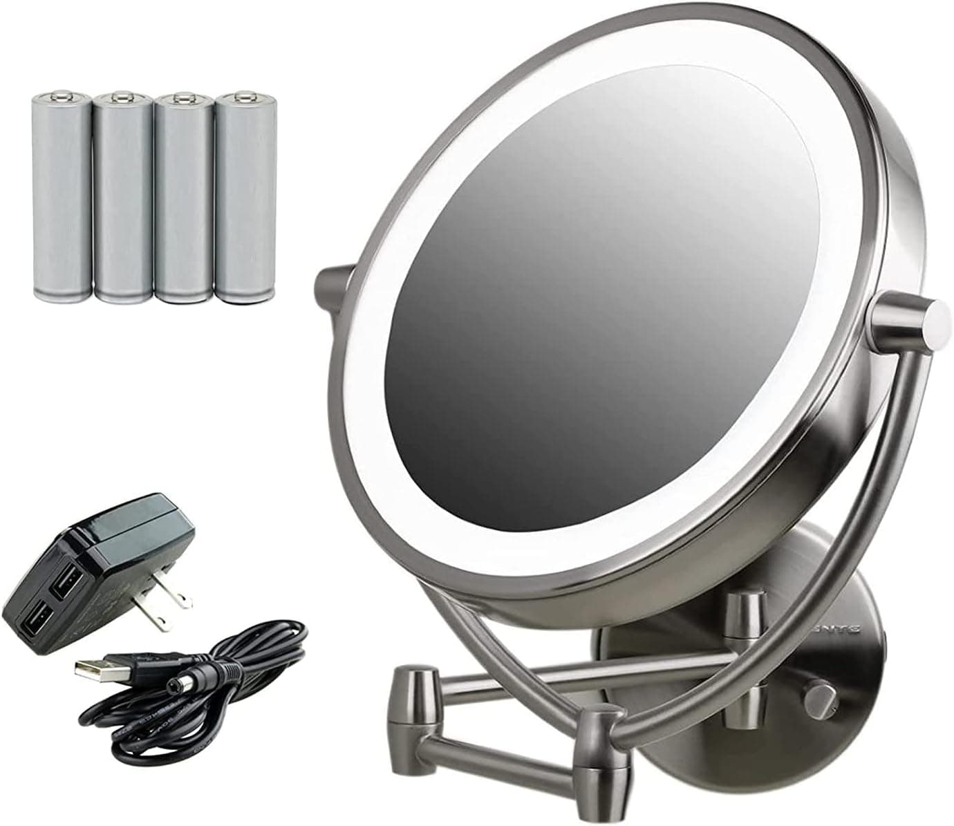 OVENTE 9.5" Lighted Wall Mount Makeup Mirror, 1X & 10X Magnifier, Spinning Double Sided Round LED Dimmer Switch, Extend, Retractable & Folding Arm, Battery USB Powered Nickel Brushed MLW45BR1X10X