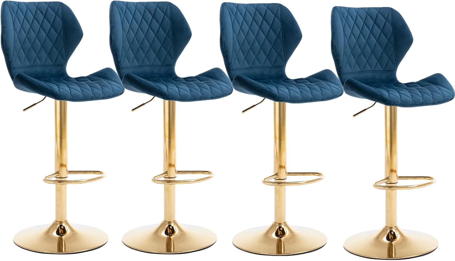 CIMOTA Velvet Bar Stools Set of 4 Adjustable Height Bar Chairs with Back Modern Swivel Barstools for Kitchen/Home Bar/Dining Room/Office, (23.6 to 31.5 Inch/Gold Base/Navy Blue)