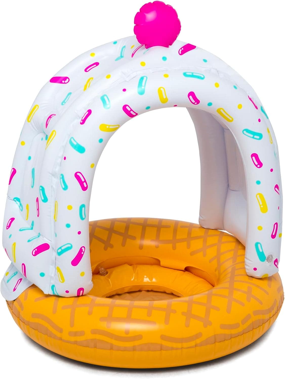 BigMouth Inc. Lil' Cute Ice Cream Cone Float With Canopy - Ultra-Durable Dual-Chamber 3-Point Harness w/ Child Safety Valves, For Ages 1-3 Years and Up to 40 Pounds, UPF 50+ Protection Baby Pool Float