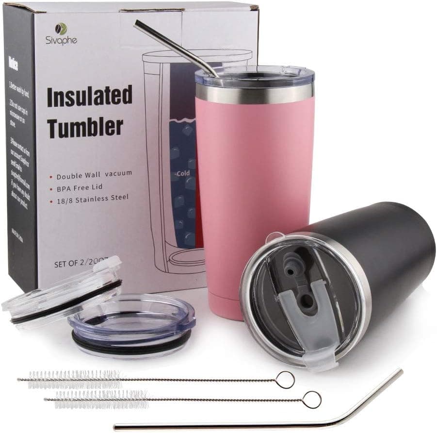 20oz Tumbler with Lid Insulated Double Wall Travel Mug Stainless Steel Durable Coffee Thermal Cup with Lids and Straw Dishware Safty(Pink+Black)