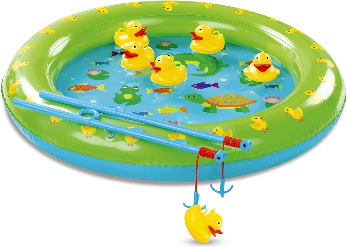 Bundaloo Duck Fishing Game Contest - Fun Carnival Game and Outdoor Party Toy for Kids - Inflatable Pond, 2 Rope Fishing Poles With Hooks, 6 Floating Ducks
