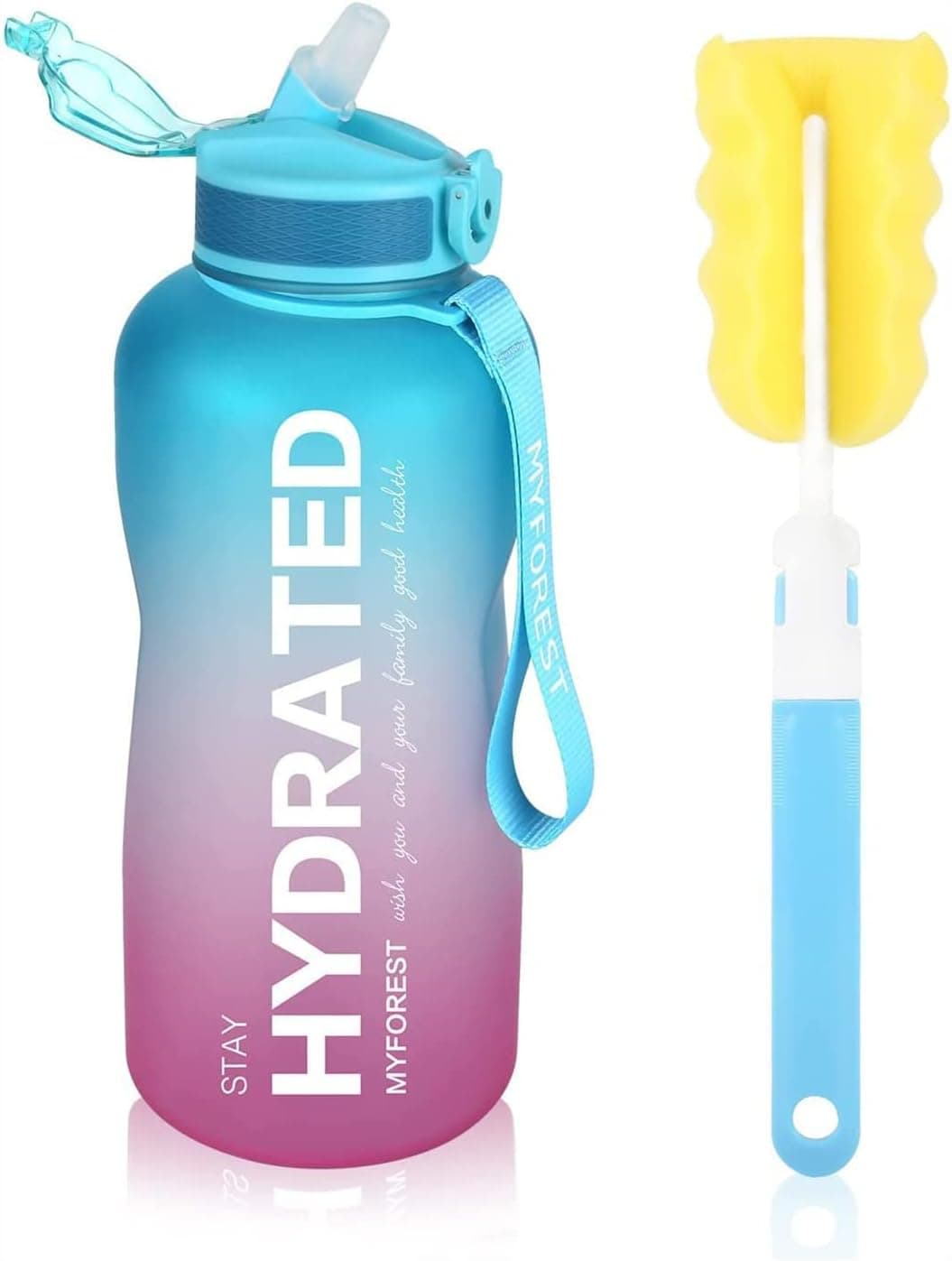 MYFOREST Half Gallon Water Bottle with Time Markings, 74oz Tritan Water Bottle with Straw BPA Free