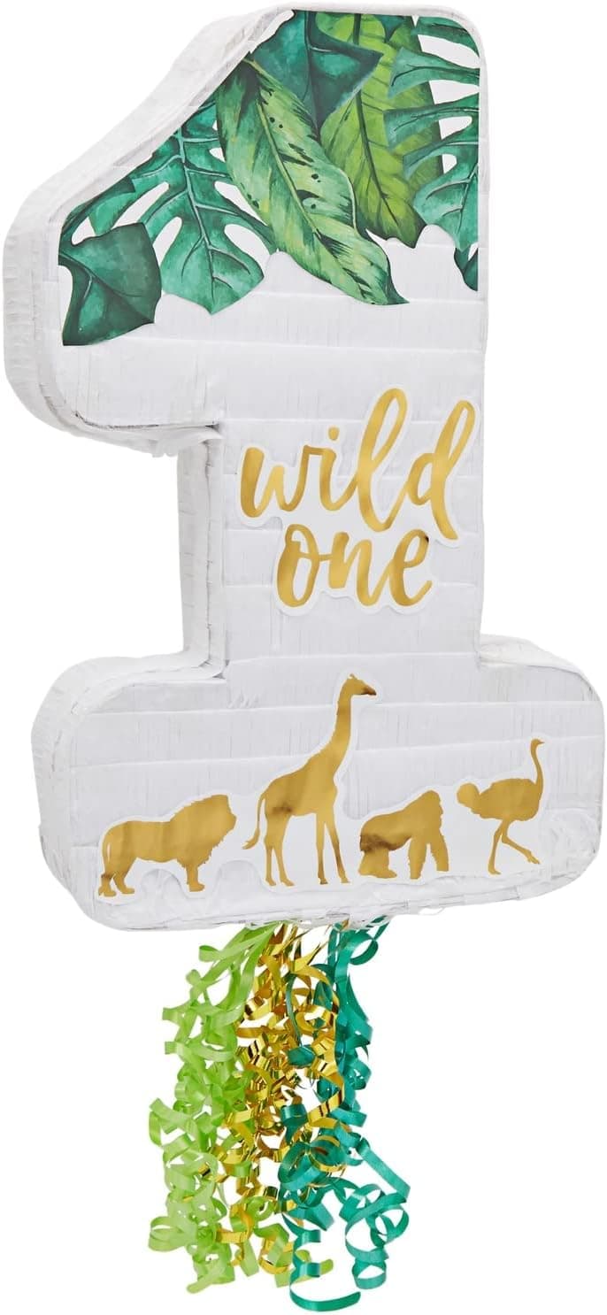 Number 1 Pull String Pinata for Wild One 1st Birthday Party Decorations, Zoo Theme (16.5 x 11.6 x 3 In)