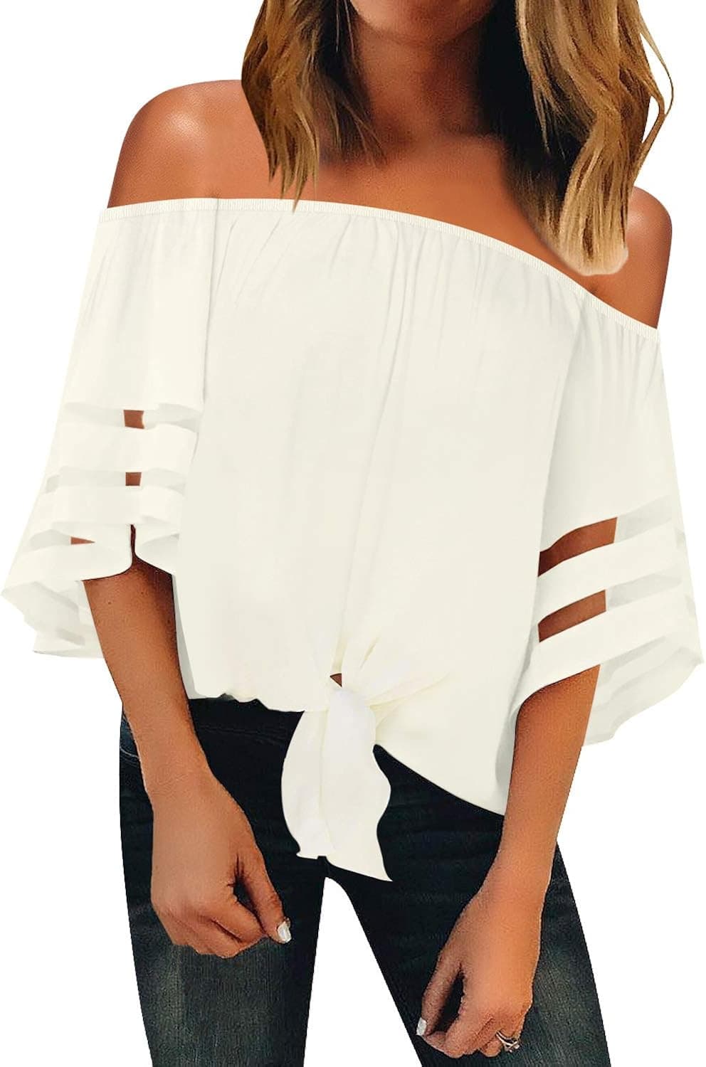 LookbookStore Women Off The Shoulder Tops 3/4 Bell Sleeve Mesh Tie Knot Shirt Blouse