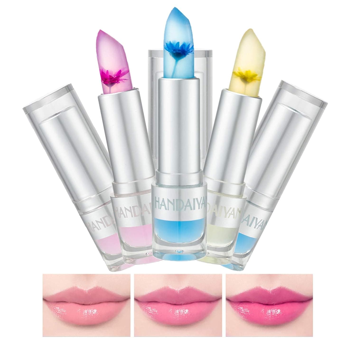 Pack of 3 Crystal Flower Jelly Lipstick, Ptansy Long Lasting Nutritious Lip Balm Lips Moisturizer Magic Temperature Color Change Lip Gloss Set