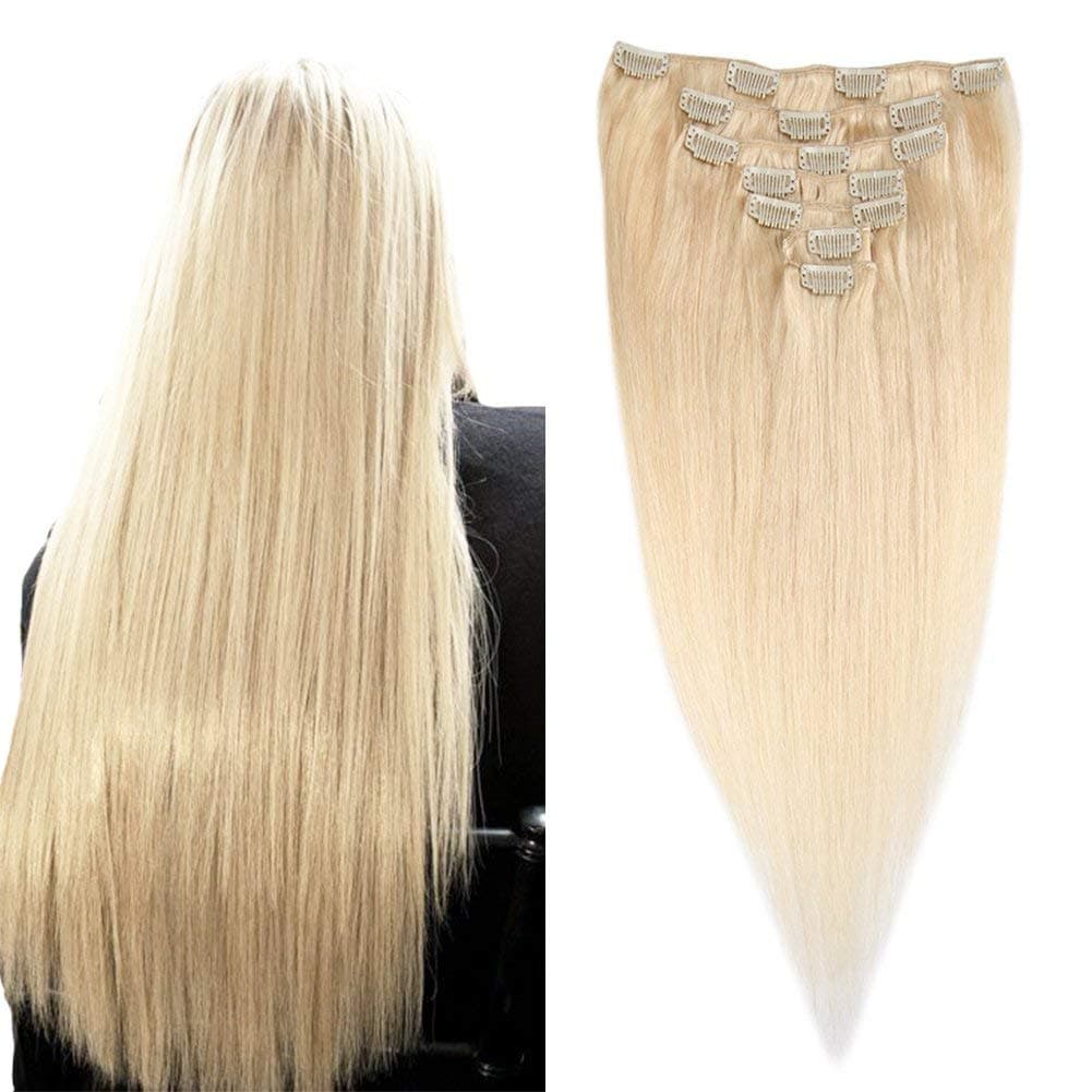 Blonde Hair Extensions Clip in Human Hair #613 16 inch 70g Fine Hair Full Head Silky Straight Remy Hair