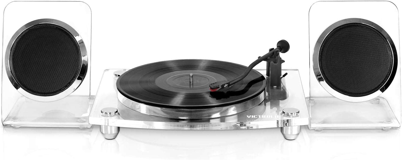 Victrola Modern Acrylic 2-Speed Bluetooth Turntable with 40-Watt Wireless Speakers, Clear