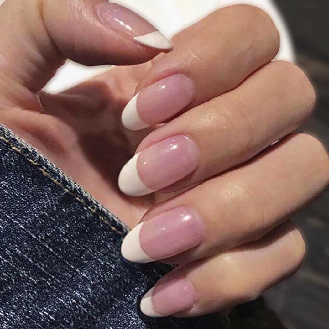 Obmyec Medium French Press on Nails Pink Oval Fake Nail Glossy Almond Artificial Nails Daily Full Cover False Nail for Women and Girls(24Pcs)