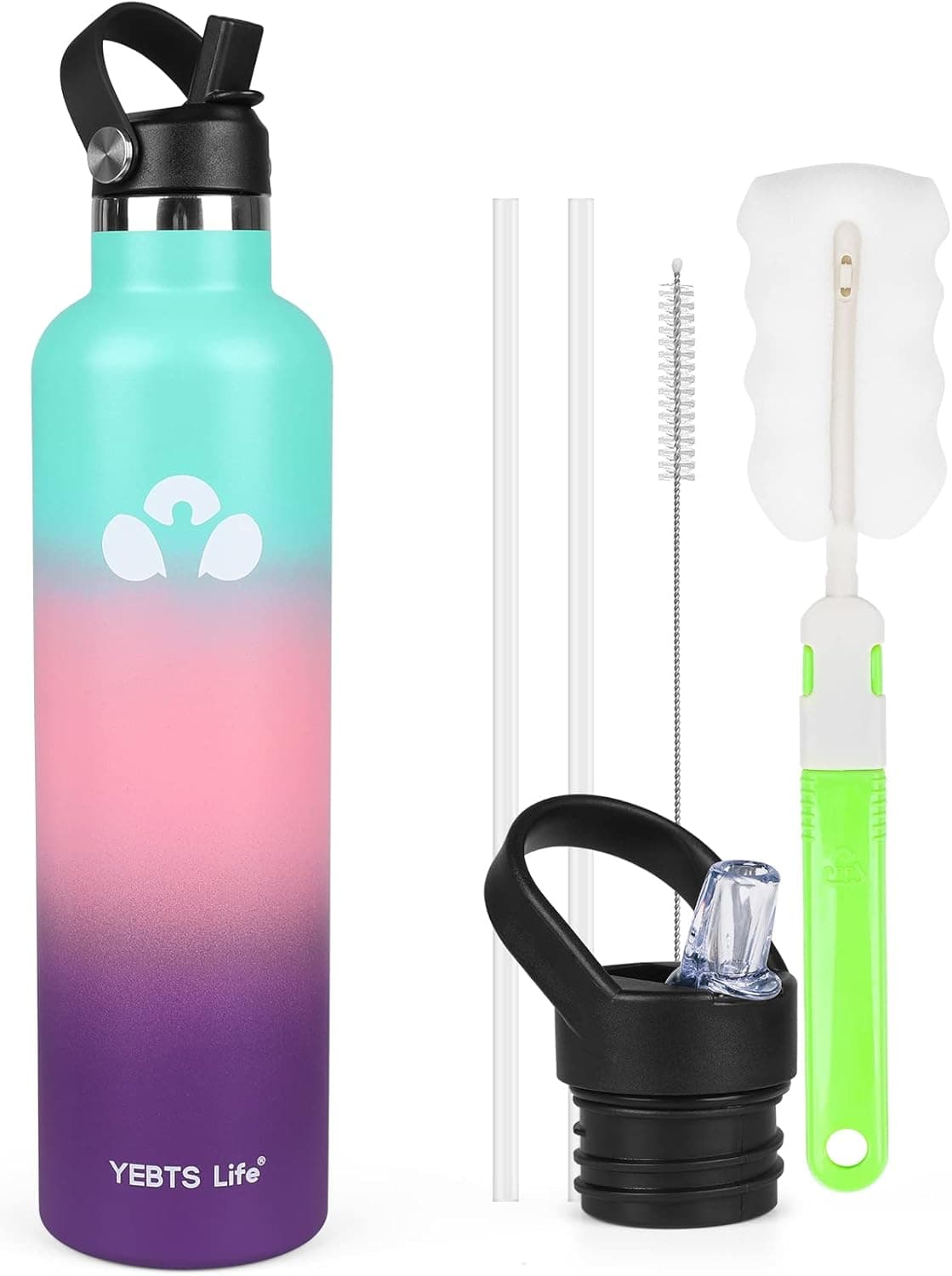 YEBTS Life Water Bottle,Vacuum Insulated Water Bottles with 2 Lids & 2 Straws,Stainless Steel Water Bottles Keep Hot and Cold,Leak Proof,Sports Water Bottle for Hiking Biking Sport (32oz, rainbow)