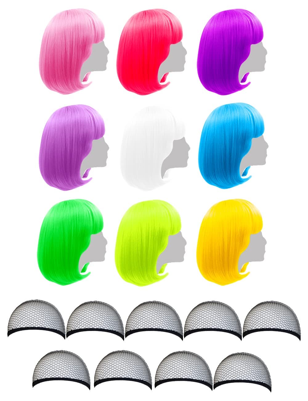 LIULIUBTY 9 Pieces Short Bob Hair Wigs 12" Straight with Flat Bangs Synthetic Fluorescence Colorful Cosplay Daily Party Costume Wig for Women+ Free Wig Cap