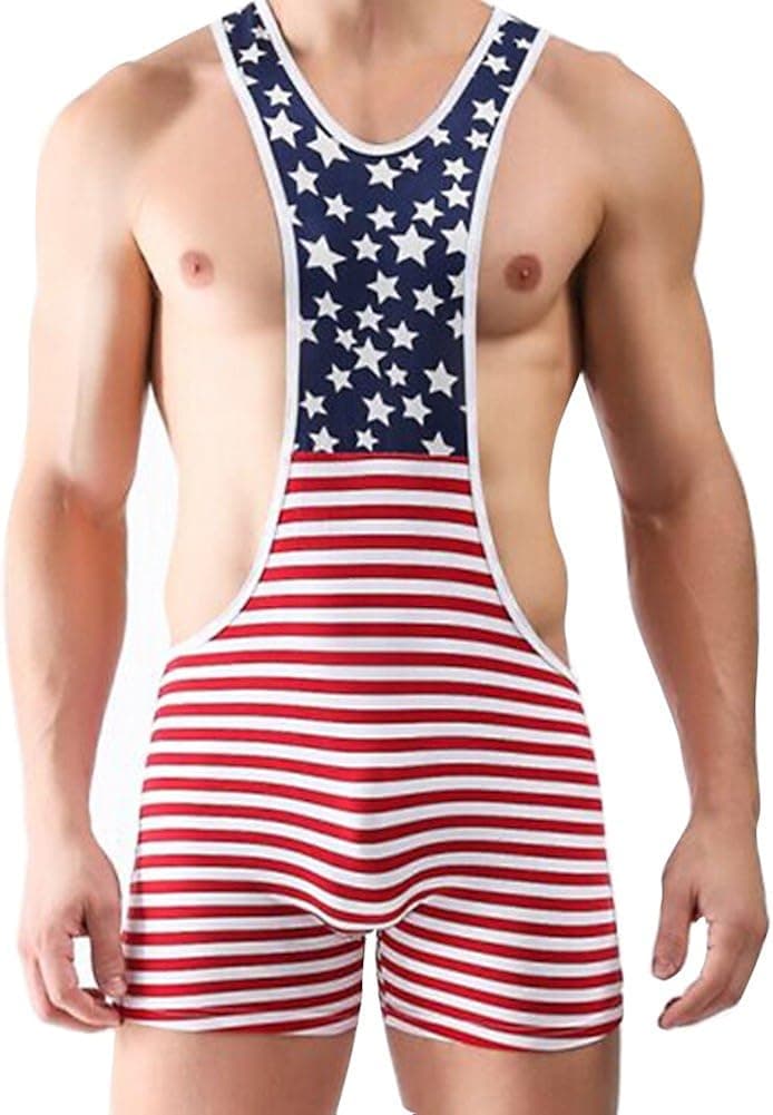 YiZYiF Men's One Piece American Flag Sport Bodysuit Leotard Gym Outfit Underwear X-Large