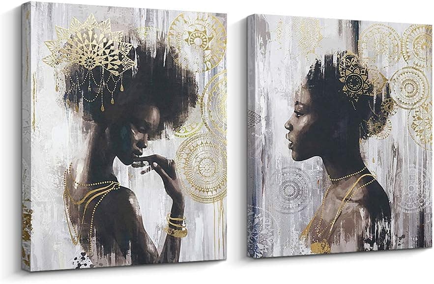 Pi Art African American Black Art Canvas Art, Gold Wall Decor Framed Wall Art for Living Room and Bedroom (16x20 inch, A & B)