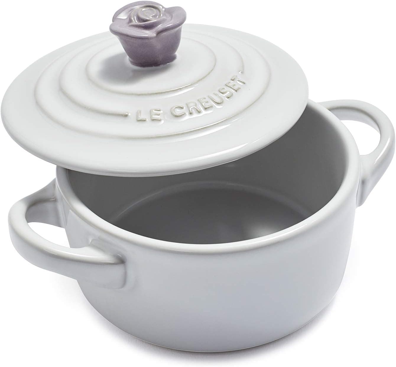 Le Creuset White Stoneware 8 Ounce Mini Round Cocotte with Provence Flower Knob