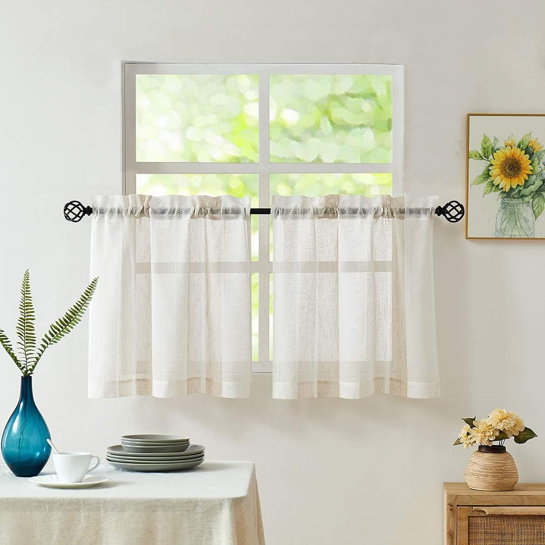 Central Park Beige and White Kitchen Window Curtain Tiers Vertical Stripe Sheer Boucle Linen Window Curtain, Living Room Decorative Rod Pocket Rustic Living 2 Panels (28" W x 24" L)