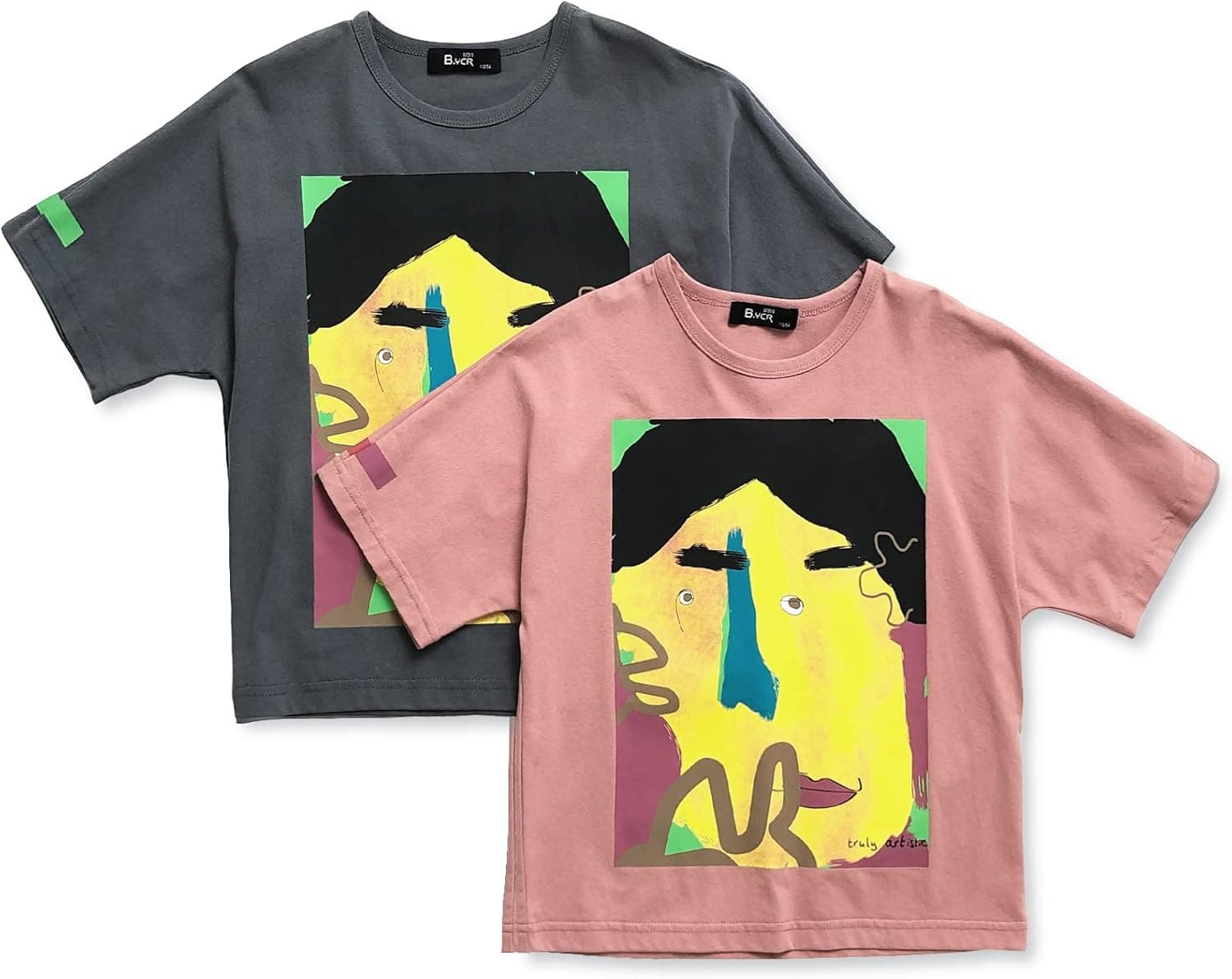 B.YCR 2pcs Boys Short Sleeve Graphic T- Shirt Printing Boy Shorts 5-10Y