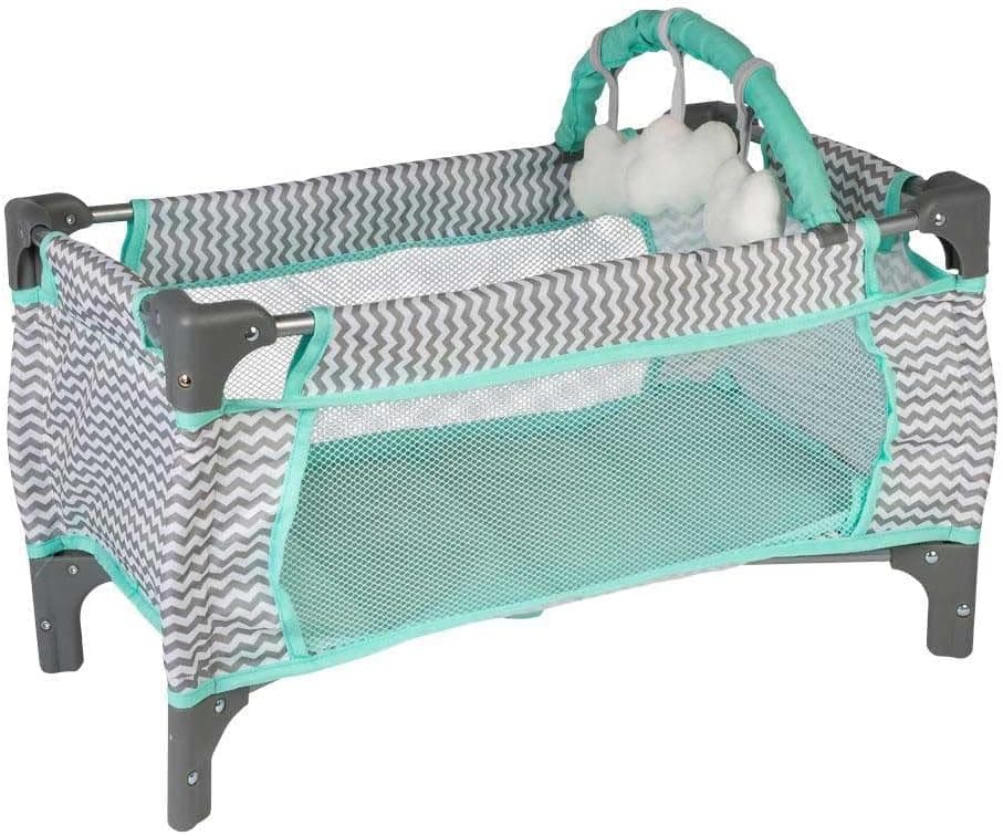 Adora Baby Doll Crib Zig Zag Deluxe Pack N Play, Fits Dolls up to 20 inches, Bed/Playpen/Crib, Changing Table, Mobile with 3 Clouds and Storage Bag
