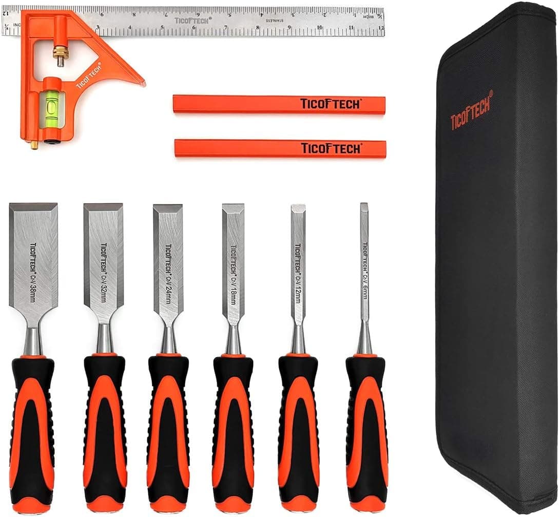 TICOFTECH 9 Pieces Wood Chisel Set, 6 Wood Chisels in Heated Tread Cr-V Alloy with 1 Combination Square and 2 Carpenter Pencil,Woodworking tools and accessories