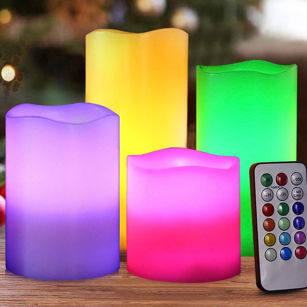 HOME MOST Set of 4 Flickering Real Wax Flameless LED Pillar Candles with Remote 3x3 3x4 3x5 3x6 Multi Colored - Unscented Battery Operated Candles - Color Changing Candles Light Up Valentine Decor