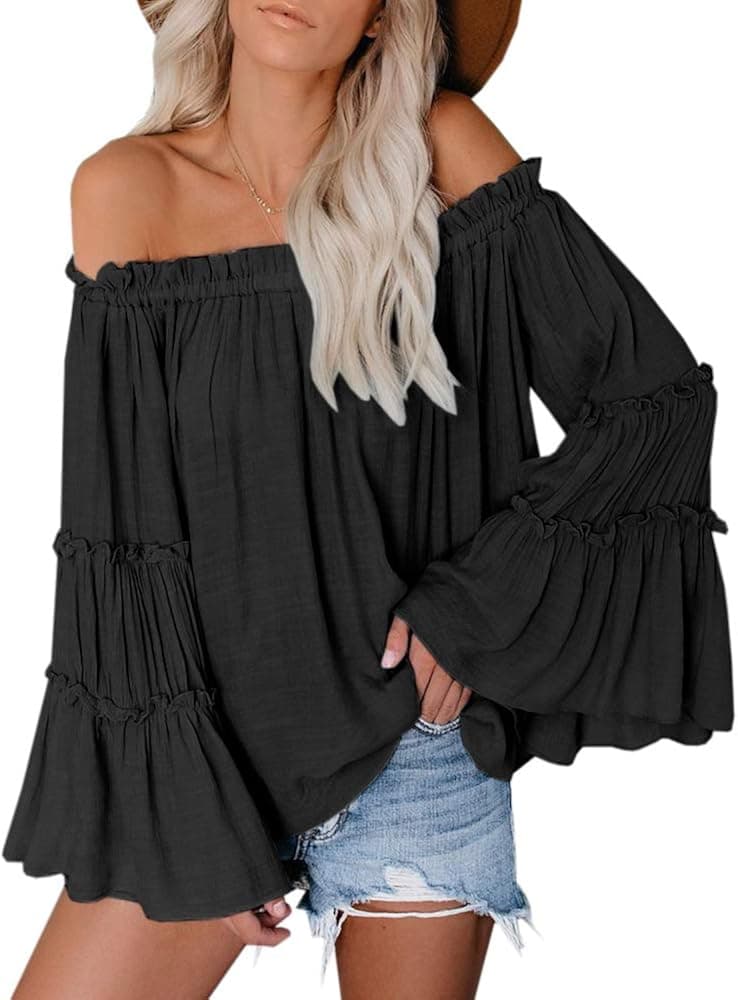 Womens Off The Shoulder Tops Bell Sleeve Flare Long Casual Loose Blouses Shirts Black