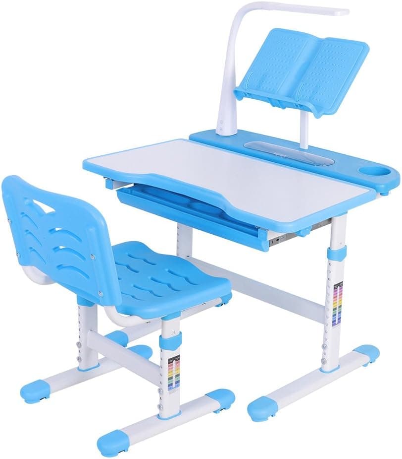 Yosoo Children Desk and Chair Set, Adjustable Height Multifunctional Kids Studying Table and Stool with Lamp and Stationery Storage Book-Stand Study Good-Looking for Boys Girls Students Blue