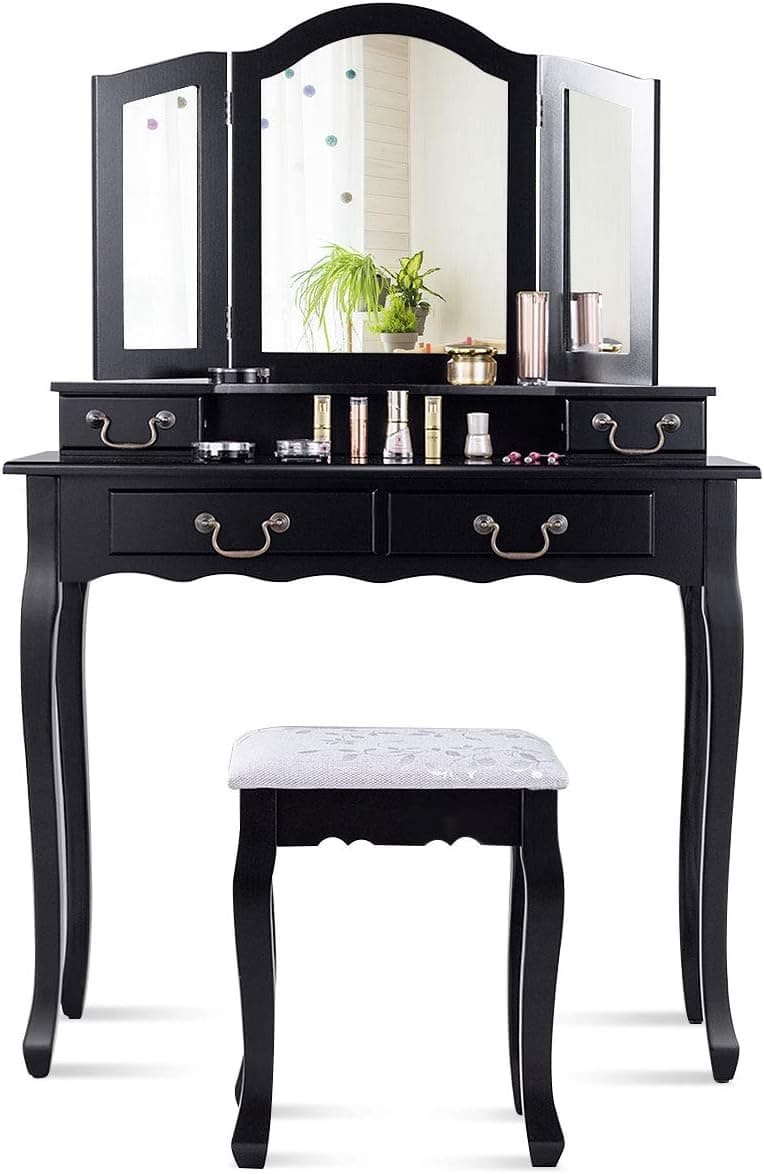 CHARMAID Tri-Folding Mirror Vanity Set with Cushioned Stool and 4 Drawers, Makeup Dressing Table with Cushioned Stool for Women Girls Bedroom, Bedroom Bathroom Vanity Table and Stool Set (Black)