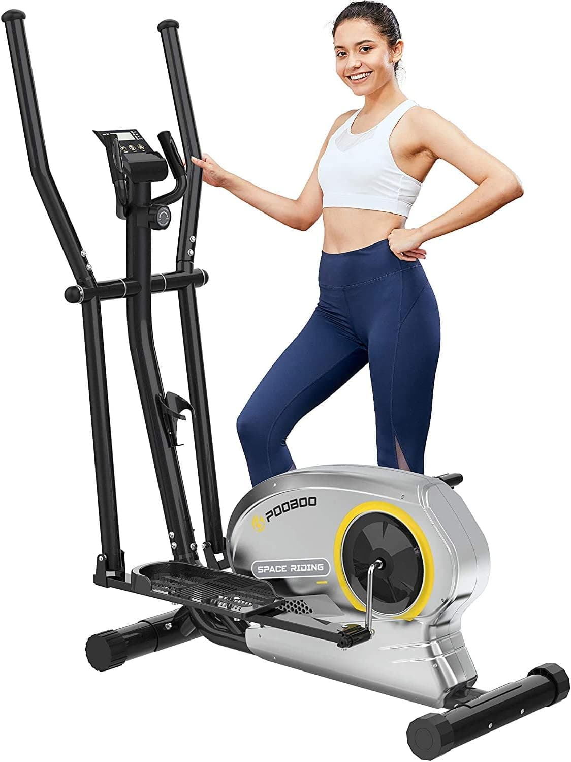 pooboo Elliptical Trainer Magnetic Elliptical Machines for Home Use Portable Elliptical Trainer with Pulse Rate and LCD Monitor (Cadmium Orange)