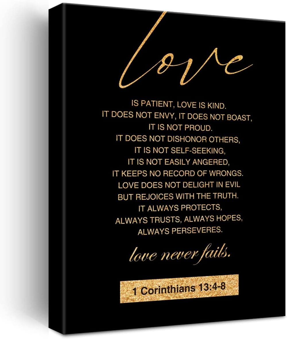 Christian Gold Foil Canvas Wall Art Motivational Love is Patient Love is Kind 1 Corinthians 13:4-8 Print Framed Canvas Painting Artwork Home Decor Wedding Gifts 12x15 Inch