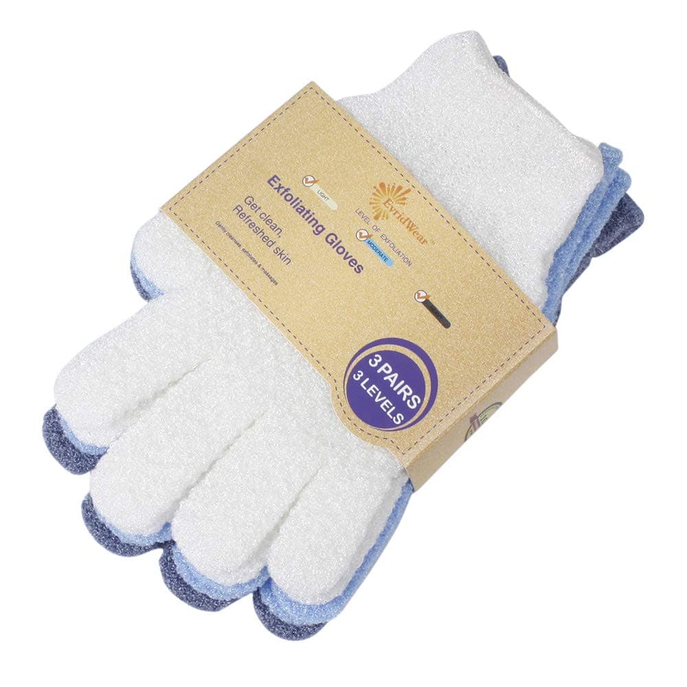 Evridwear Exfoliating Dual Texture Bath Gloves for Shower, Spa, Massage and Body Scrubs, Dead Skin Cell Remover, Gloves with Hanging Loop (3 Pairs)