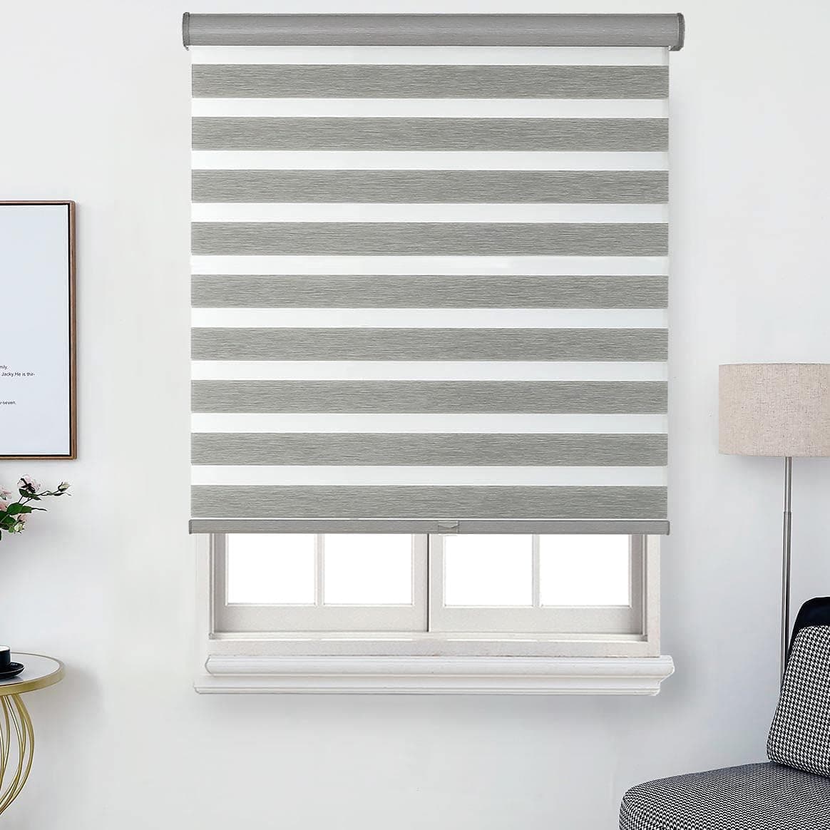 Everyday Celebration Faux Linen Zebra Shade, Cordless Free-Stop Zebra Blind with Dual Layer for Bedroom/Living Room/Office, 23x72 Steel Grey