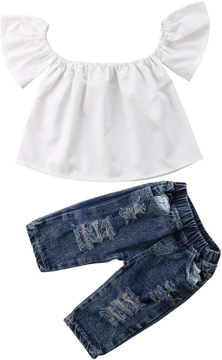 Toddler Baby Girl Fashion Clothes Off Shoulder Ruffle Sleeve Lace Shirt Top Ripped Jeans Pearl Outfits Set (White Off Shoulder Crop top & Ripped Jeans, 2-3 Years)