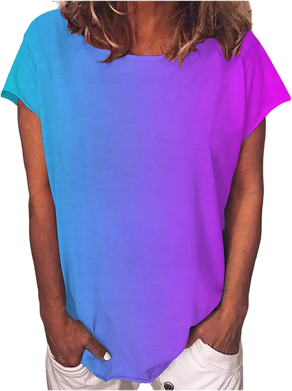 Women's V-Neck T-Shirt Loose Fit Ombre Shirts Casual Short Sleeve Plus Size Tops Summer Crewneck Daily Tunic Blouse