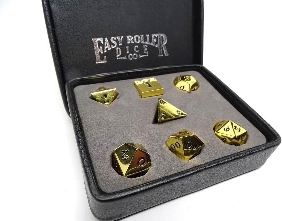 Easy Roller Dice Co. Polished Gold 7 Piece Set - Black Signature Font - Professional Edition - Free Display Case - Hand Checked Quality Control
