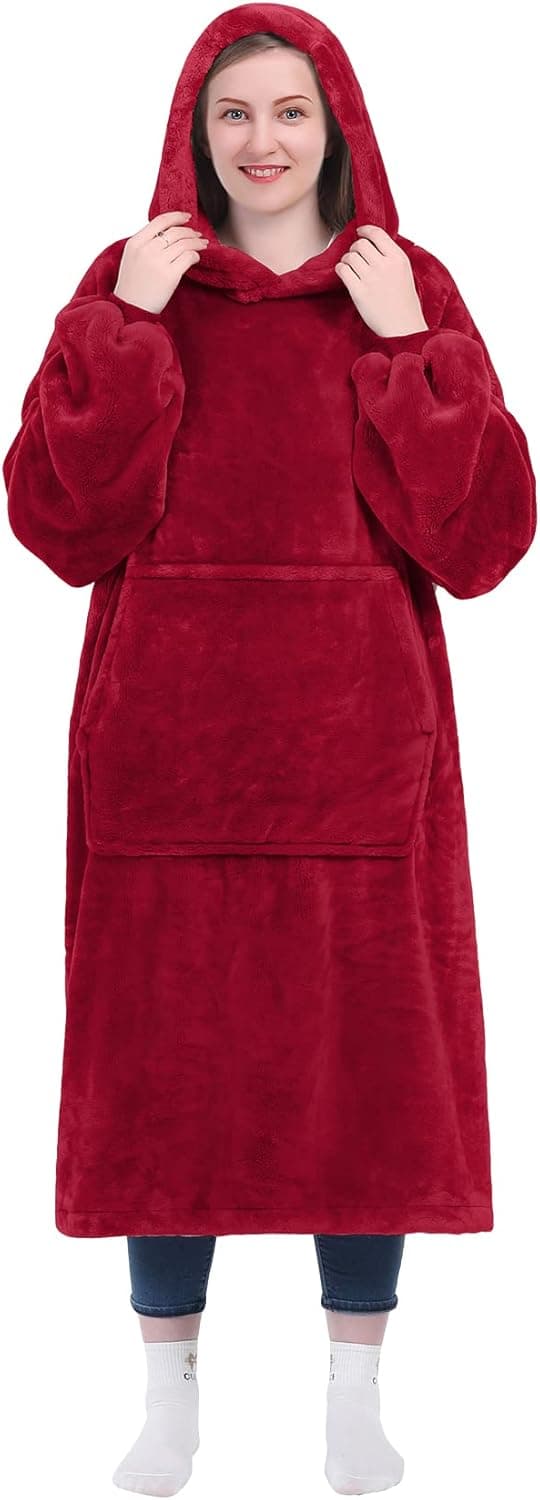 Kpblis Wearable Blanket Hoodie for Women and Men, Oversized Wearable Hoody Blanket Sweatshirt, Warm and Cozy Giant Wearable Fleece Blanket with Sleeves and Giant Pocket for Adults and Kids, Red