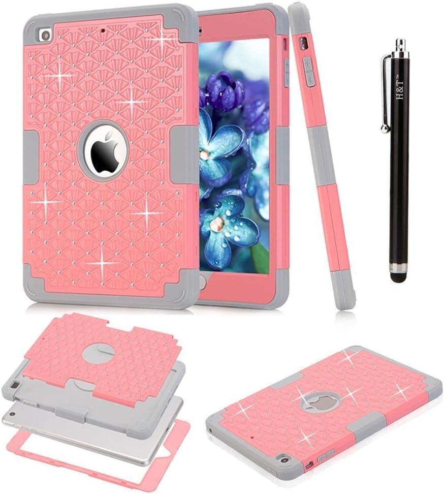 Ipad Mini Case, H&T(TM) 3D Liquid Rhinestone Clear Crystal Bling Hybrid Armor Dual Layer of Hard PC and Soft Silicone Protective Back Cover for Apple Ipad Mini 1/2/3 with 1 Stylus (Pink+Gray)
