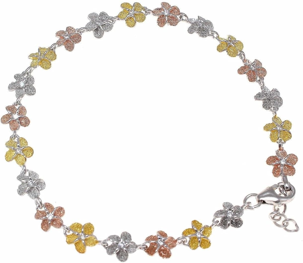 Arthur's Jewelry 925 Sterling Silver Tricolor Rose Yellow Gold Plated Hawaiian 8mm Plumeria Flower cz Anklet 9 1/2"