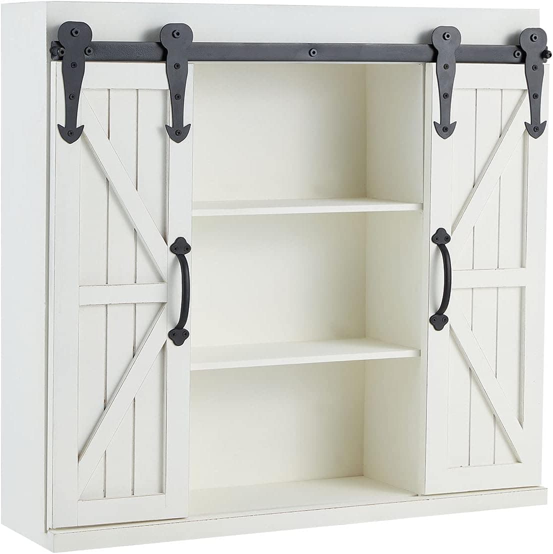 MELLCOM Wood Wall Storage Cabinet with Sliding Barn Door,3-Tier Organizer Bathroom Cabinet Modern Farmhouse, White