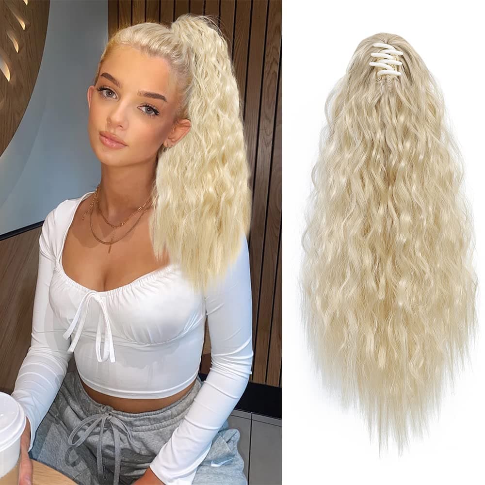 LE SECRET Ponytail Extension For Women Curly Fake Ponytail Clip in Claw Ponytail Hair Extension Synthetic Corn Wave Hair Extensions Ponytail (14inch Beige blonde Mixed)
