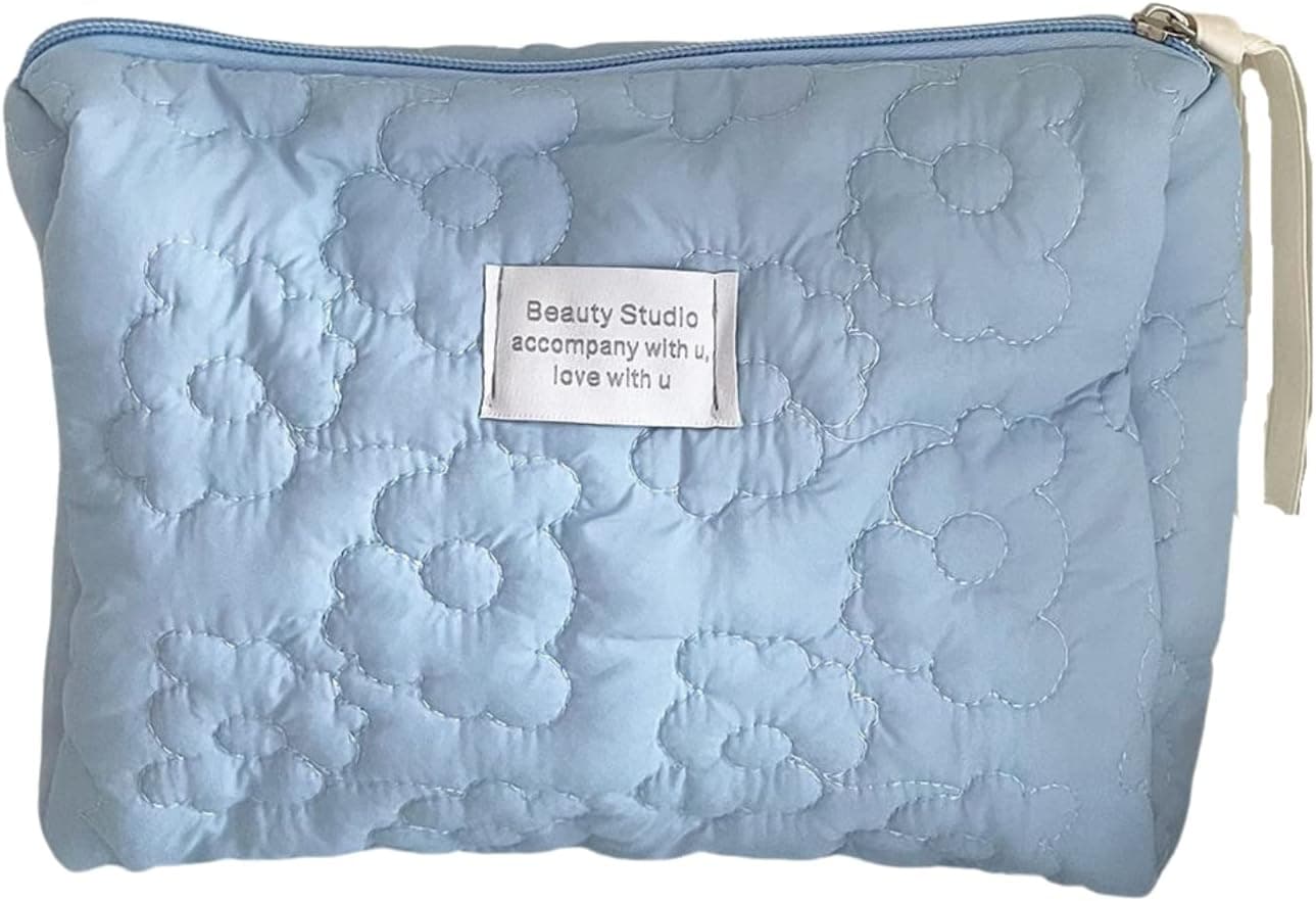 UNAGLAM Makeup Bag for Travel Puffy Quilted Floral Print Cosmetic Bag Toiletry Vanity Pouch with Zipper (Blue)