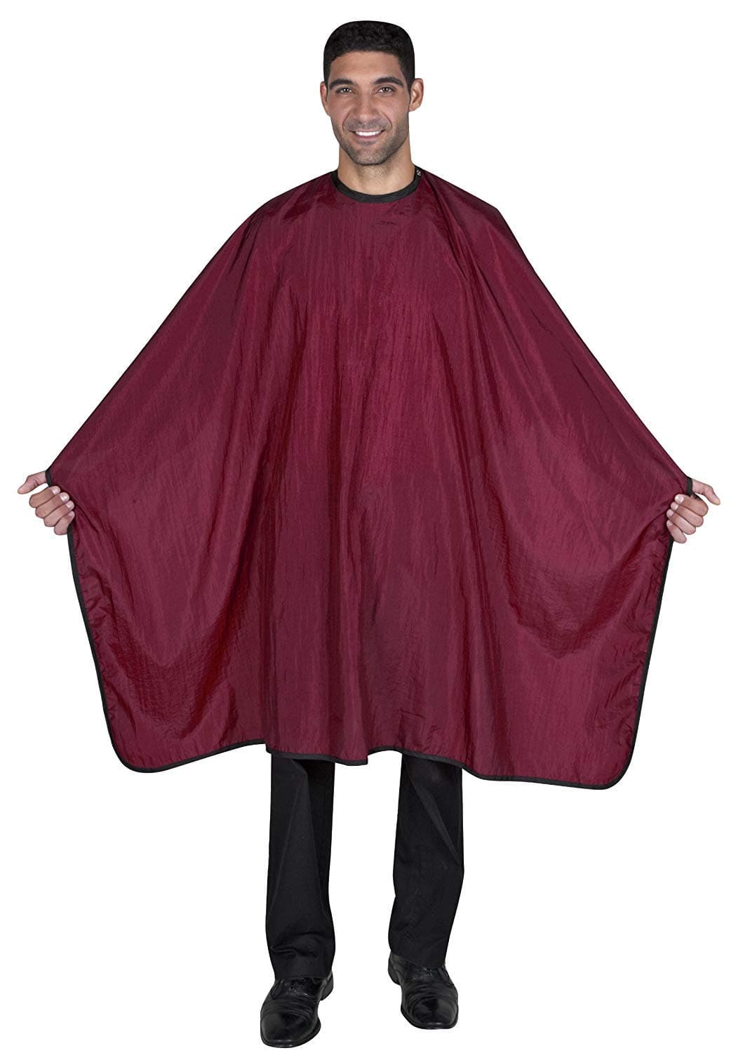 Betty Dain Premier Barber Cutting/Styling Cape, Black Trim Piping, High-end Look, Soft, Lightweight, Water Resistant Nylon, Repels Hair, Snap Closure at Neck, Generous 54 x 60 inch Size, Burgundy