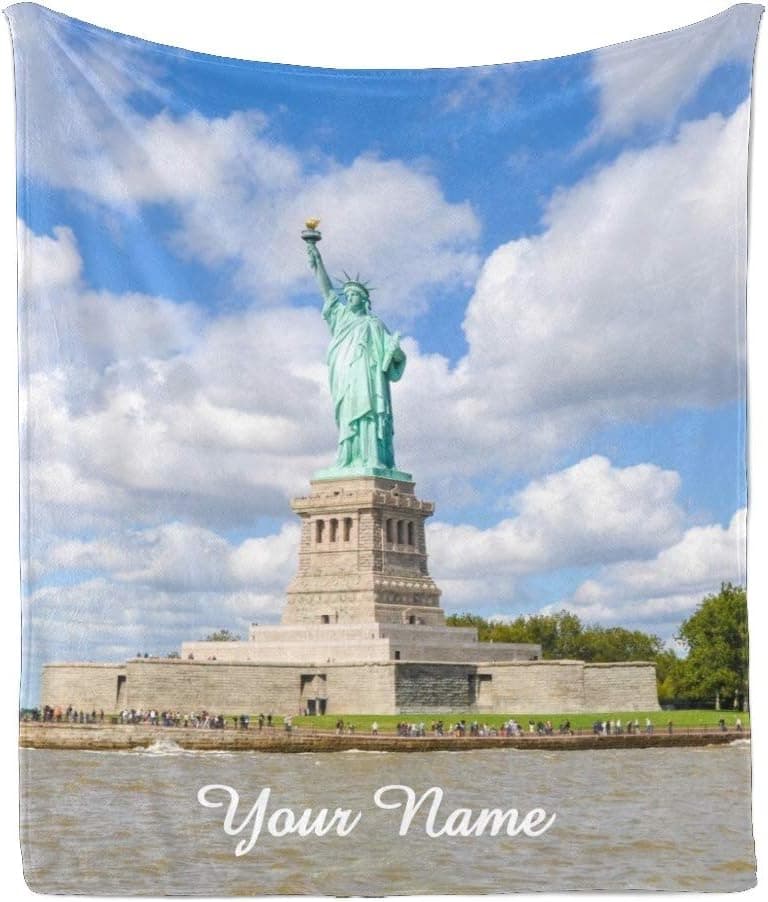 CUXWEOT Custom Blanket with Name Text,Personalized Liberty Statue Super Soft Fleece Throw Blanket for Couch Sofa Bed (50 X 60 inches)