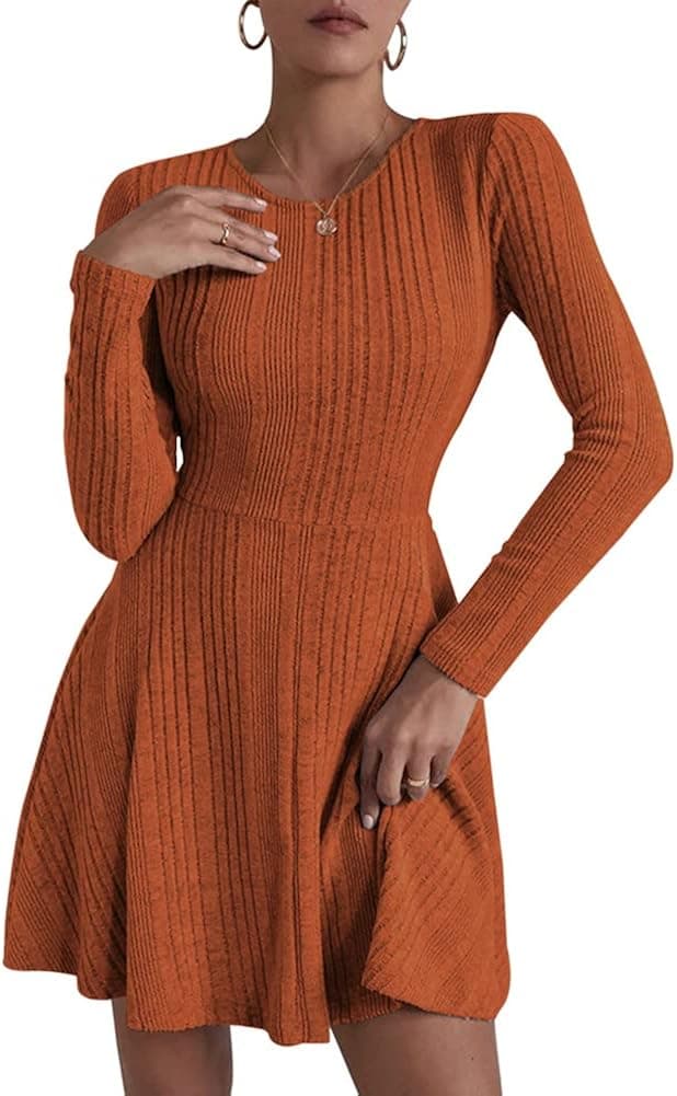 Hotwy Women's Crew Neck Long Sleeve A-Line Casual Shift Tunic Swing Mini Dresses